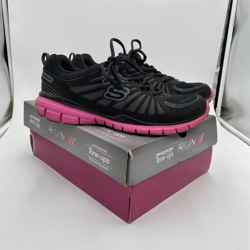 Skechers Tone-ups Run 3 Women 9 Black Hot Pink Running Shoes 11775 BKHP Sneaker